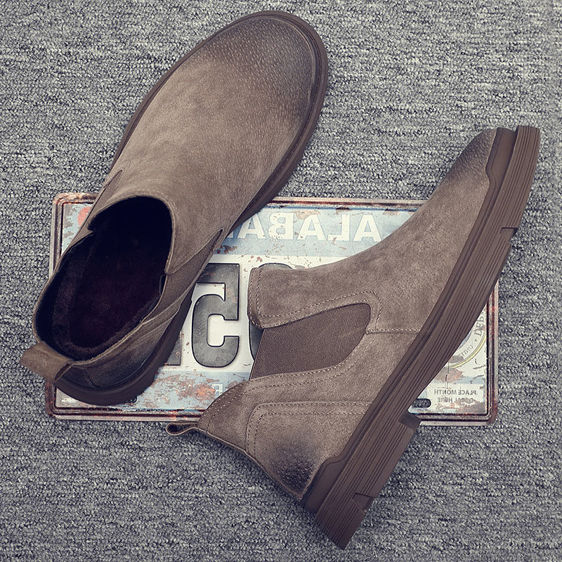 英伦风休闲真皮切尔西靴冬季保暖加绒皮鞋男高帮复古一脚蹬马丁靴