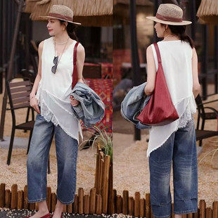 韩系蕾丝拼接不规则无袖背心女早春新款中长款叠穿飘逸内搭上衣