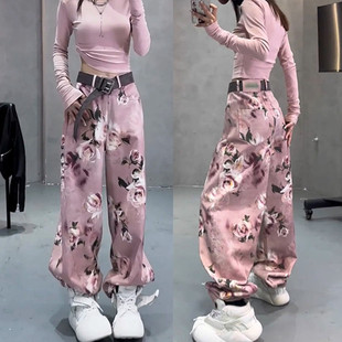 潮流玫瑰印花阔腿牛仔裤女春时尚减龄高腰显瘦收口弯刀直筒长裤子