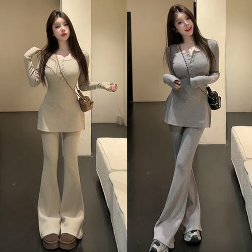 加厚加磨毛长袖上衣微喇阔腿裤