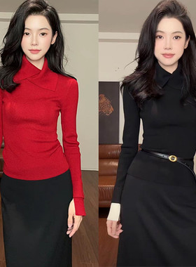 巨好看双层袖半高翻领针织衫女秋冬气质修身显瘦长袖打底衫上衣潮