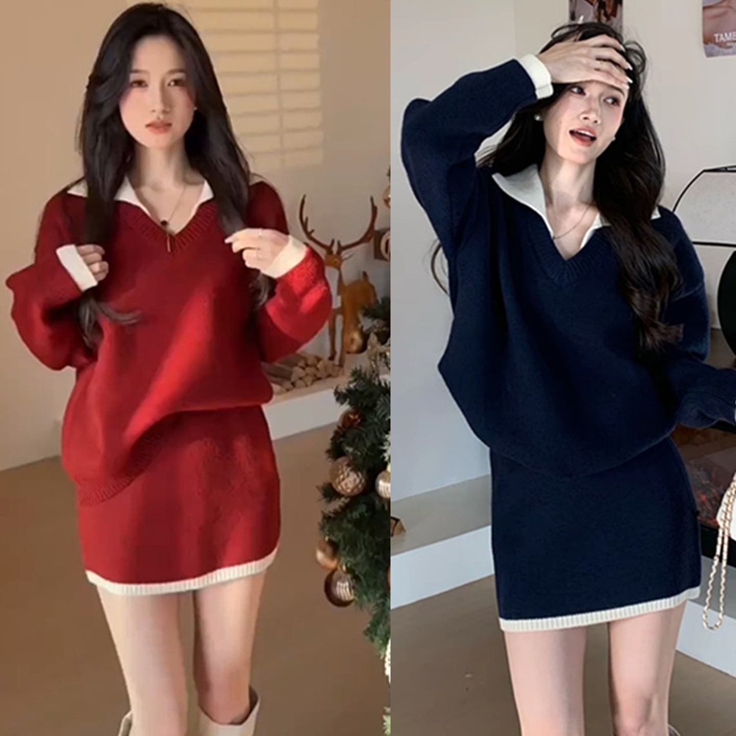 V领百搭撞色针织毛衣半身裙套装