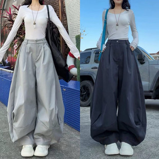 极简风立体裁片弯刀阔腿裤女春季百搭高腰宽松显瘦遮肉休闲工装裤