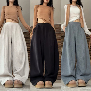 时尚立体加绒加厚阔腿卫裤女冬季百搭高腰显瘦个性保暖休闲长裤子