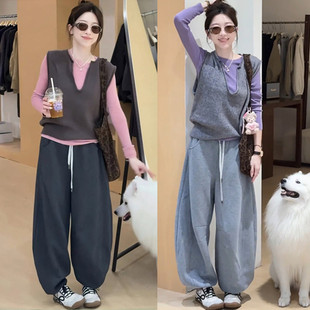 秋季穿搭套装女气质减龄无袖V领背心打底衫上衣+休闲卫裤三件套潮