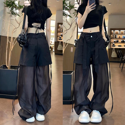 冰爽纱假两件飘带休闲裤女夏季