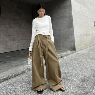 极简立体剪裁洗水绑带休闲裤 潮 女秋季 宽松显瘦垂感百搭高腰阔腿裤