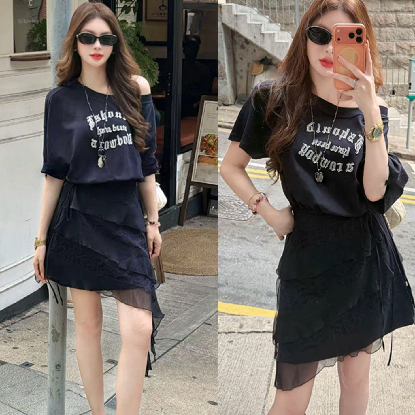夏日绝美时尚套装女韩系字母印花斜肩短袖连衣裙+屁帘裙连两件套