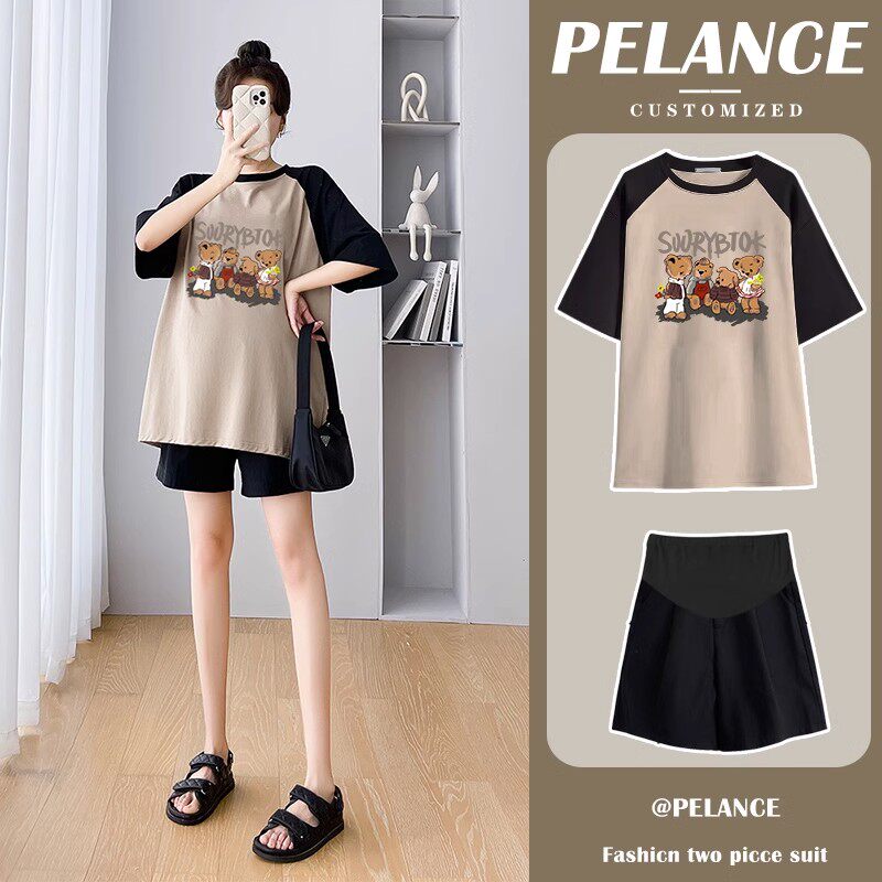 산모 여름 티셔츠 세트 패셔너블한 신상 산모 뱃살 지지반바지 투피스 세트 반팔 컬러차단 베어탑 트렌디