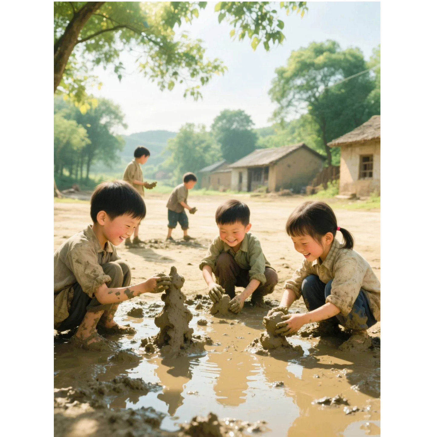 童年玩泥巴自粘贴画寝室客厅走廊出租屋装饰贴纸餐厅防不干胶贴纸图片