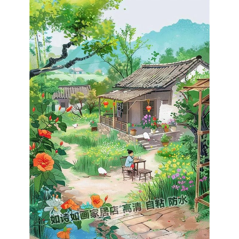 治愈系复古乡村田园风装饰画客厅室内唯美背景不干胶贴纸图片