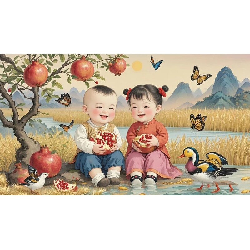 国画多子多福年画娃娃自粘防水贴纸床头沙发背景装饰画不干胶贴纸