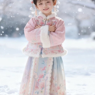 儿童过年唐装 女孩古装 拜年服 中国风粉蓝长裙套装 汉服女童25年冬装