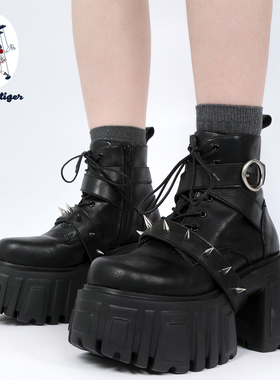 purple tiger【原创】小众摇滚厚底短靴2025年铆钉显高暗黑风短靴