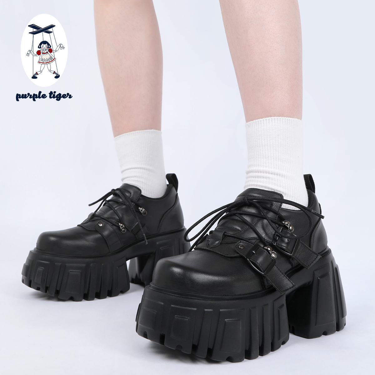 复古小众轻亚厚底鞋黑色小皮鞋