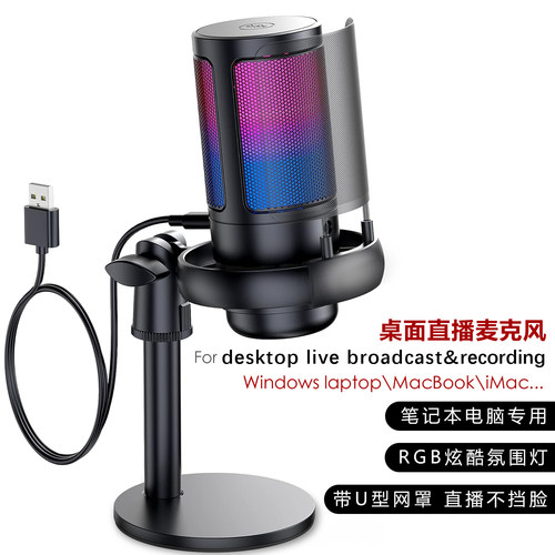 籁诗桌面直播录音专用麦克风 一键静音笔记本电脑游戏RGB电容话筒