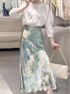 1607夏季新款女装法式高端精致绿色碎花连衣裙子高级感小香风套装