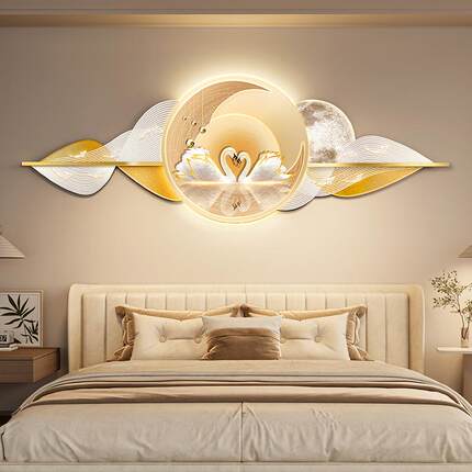 新款LED发光卧室挂画高级感天鹅床头画客厅装饰画背景墙沙发壁画