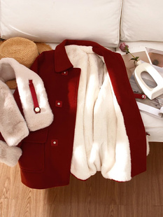 新款 2023新年红色毛呢外套女冬季 加绒派克棉服圣诞节气质呢大衣女