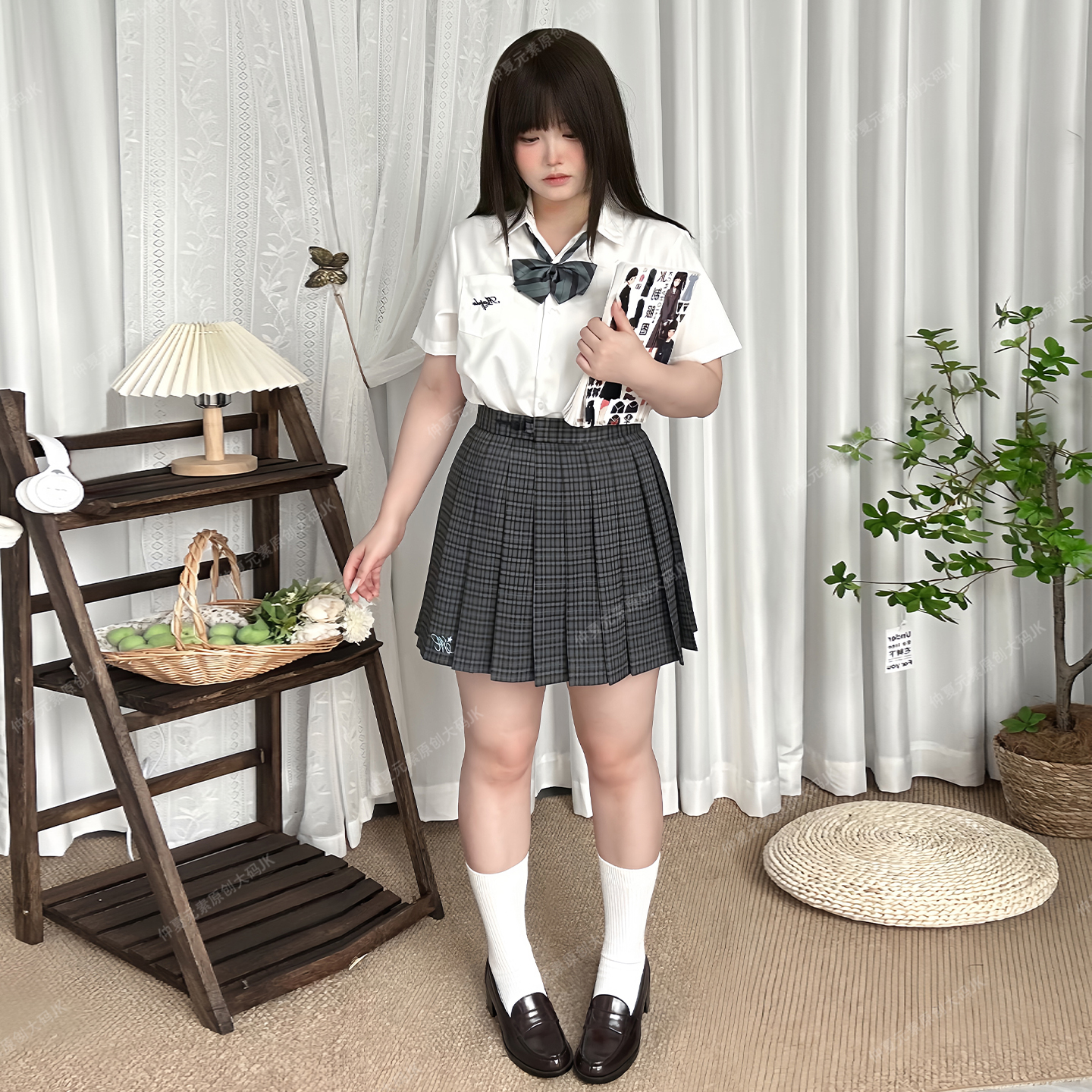 仲夏元素原创jk制服日系学院风校供感短袖衬衫格裙大码胖mm套装女