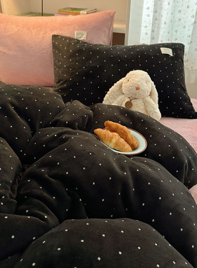 韩系ins树莓粉混搭牛奶绒四件套冬季加厚珊瑚绒法兰绒学生三件套