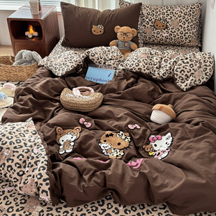 少女可爱豹纹猫咪毛巾绣水洗棉四件套纯棉被套全棉床单学生三件套