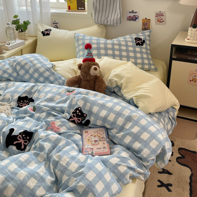 韩系猫咪毛巾绣水洗棉床上四件套