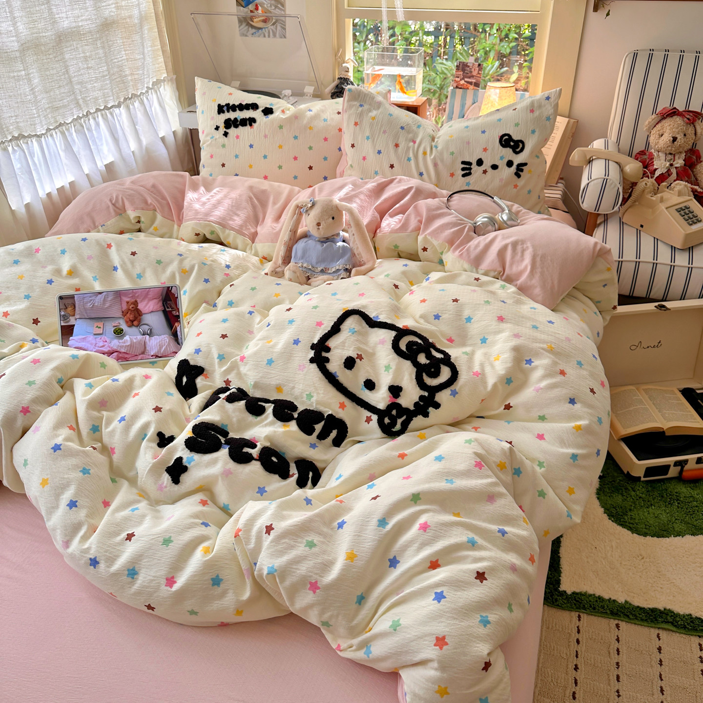 韩系少女彩色星星猫咪全棉四件套