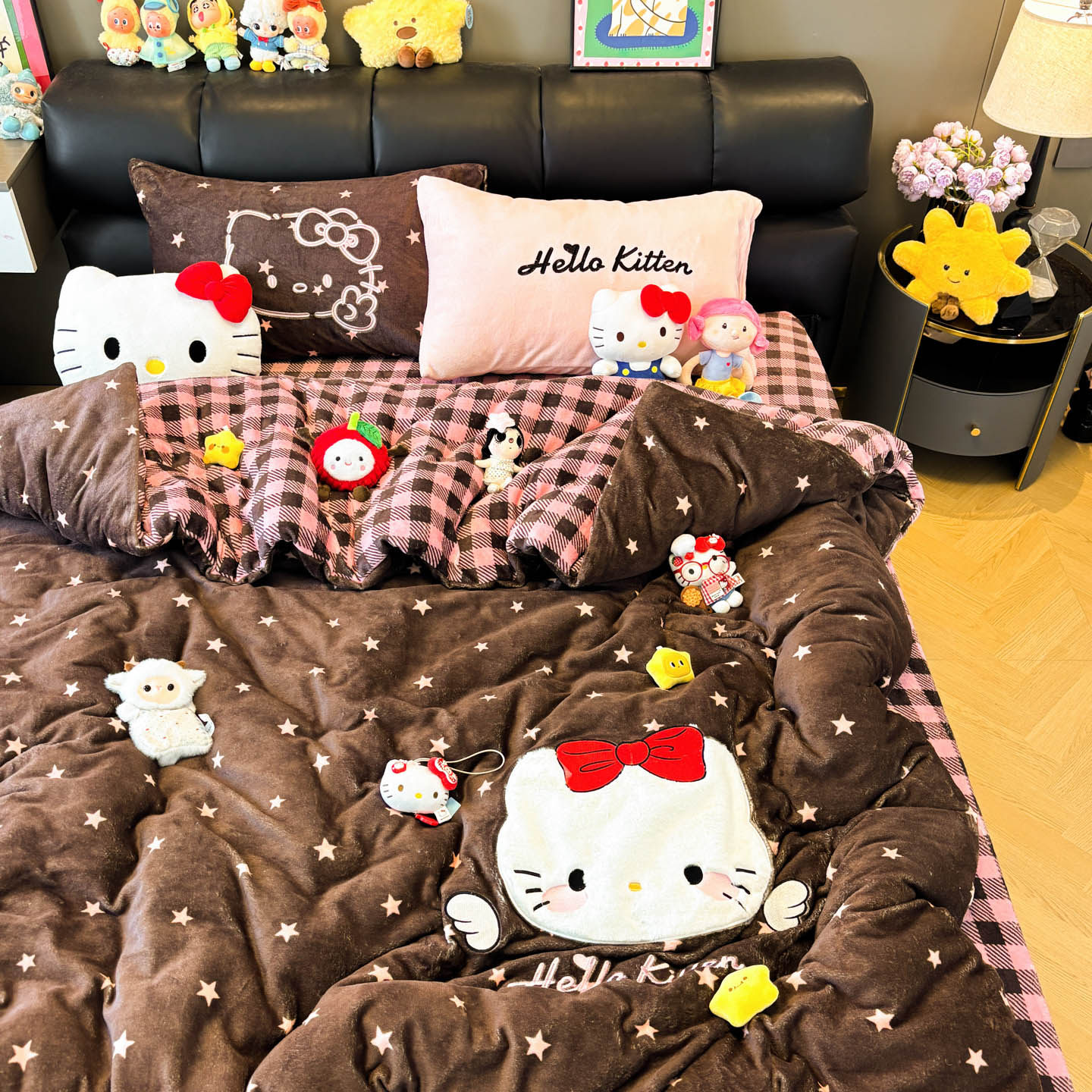 韩系少女猫咪贴布绣牛奶绒四件套