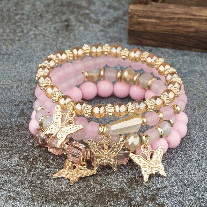 4Pcs rendy Butterfly Beaded Bracelet Set For Women Pink Acry