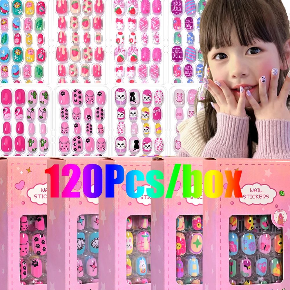 120Pcs/Box Cartoon Gril Princess Children Press On Nails 6-1