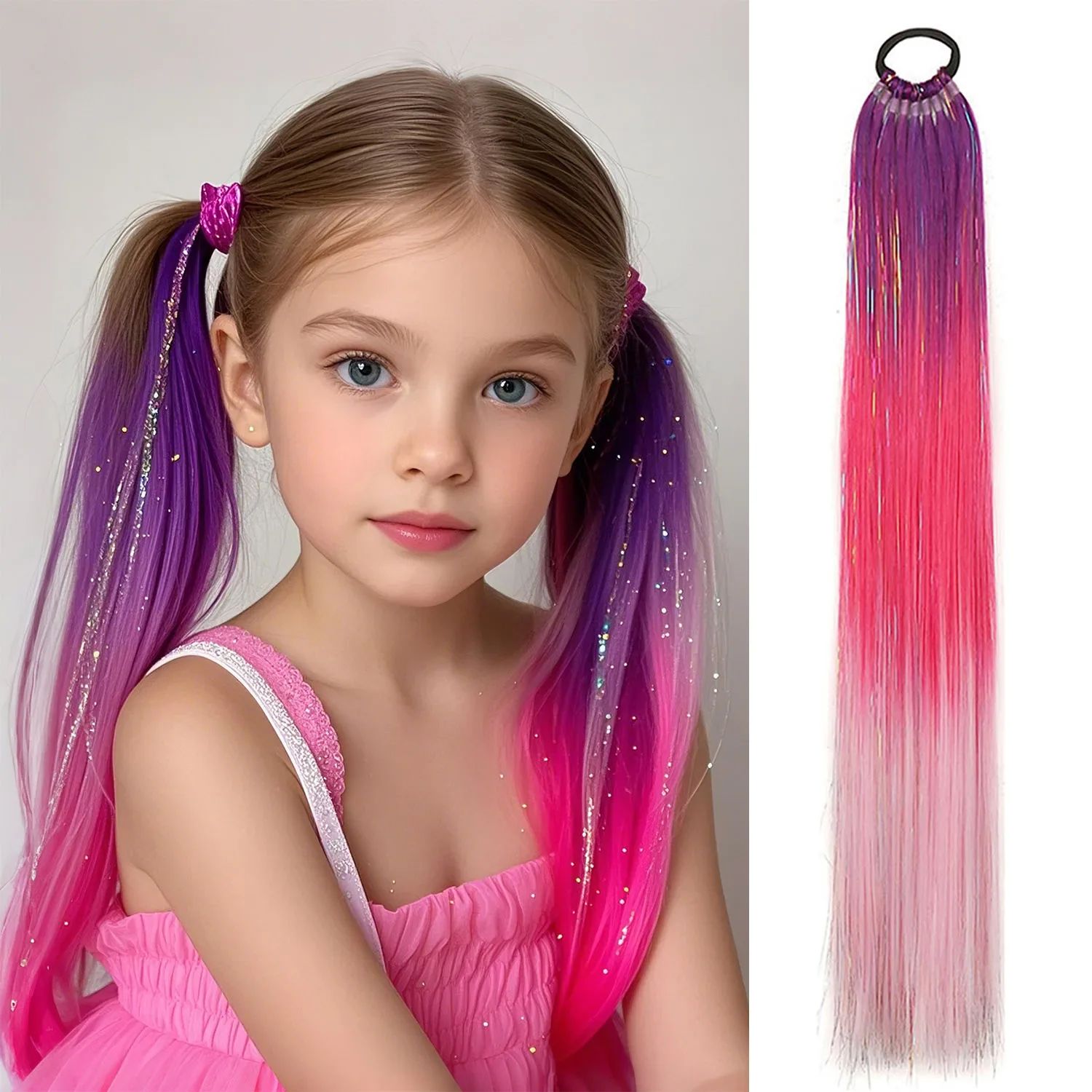 Purple Red Pink Tinsel tail Extension with Elastic Hair Tie