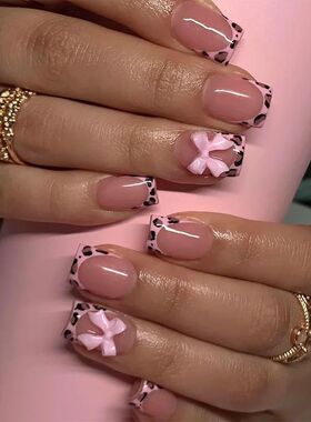24Pcs Pink French Style Fake Nails 3D Bowknot Designs Short