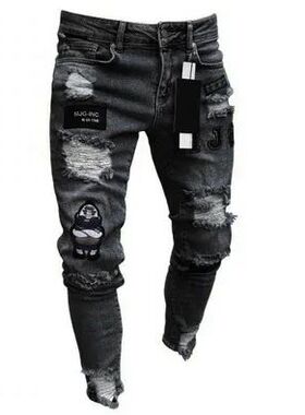 Punk Plus Size Pants Men Skinny Ripped Hole Patchwork Jeans