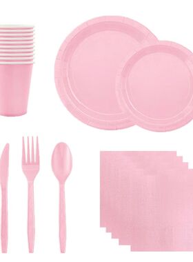 Solid Color Pink Birthday Tableware Set Disposable  Tableclo