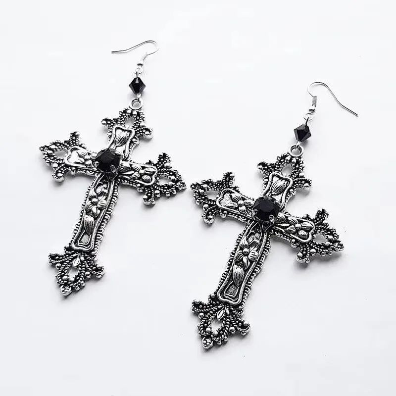 Goth Large Detailed Cross Black Drill Jewel Earrings Silver