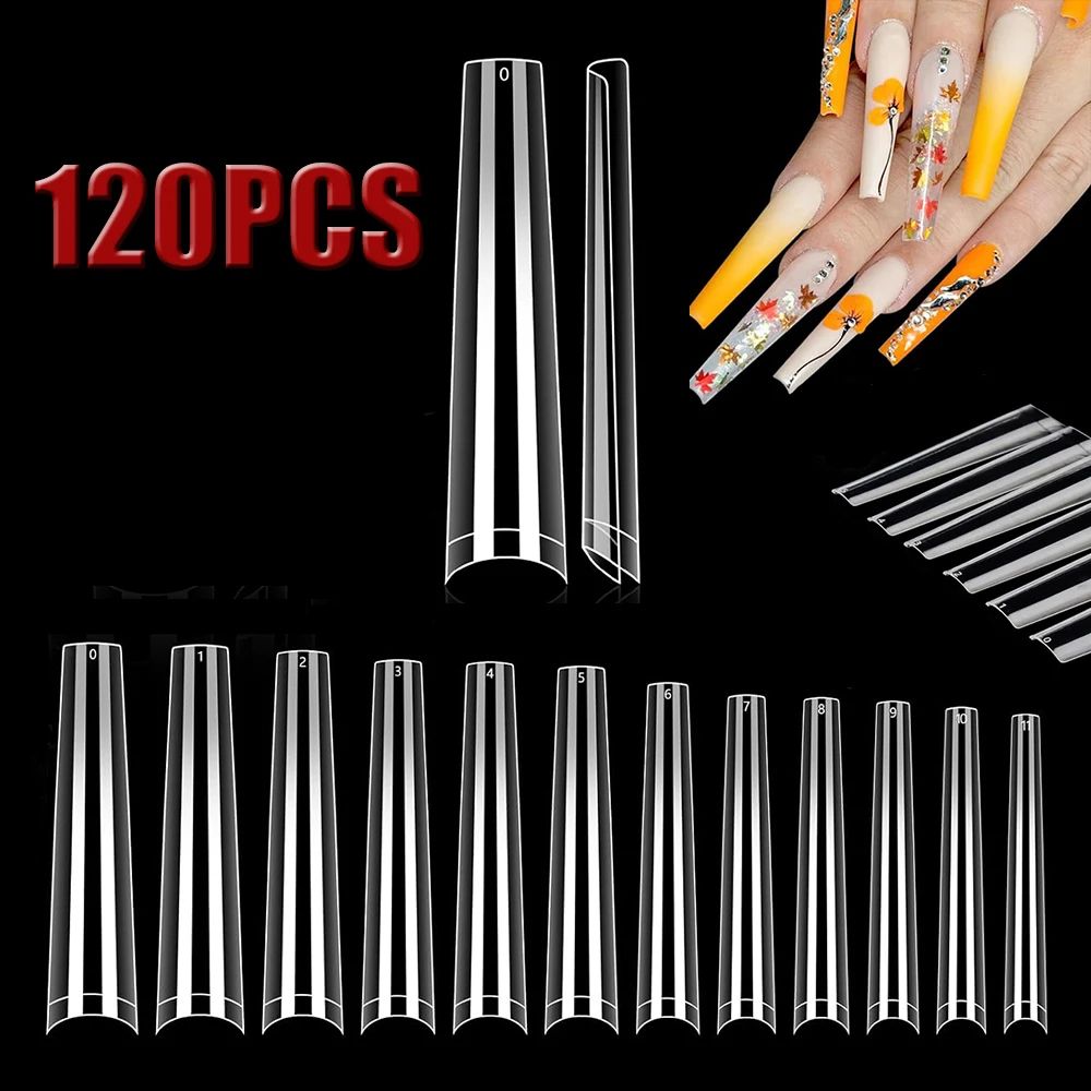 120PCS Long Clear Coffin Nails Tips Extra Long Curve Half ve