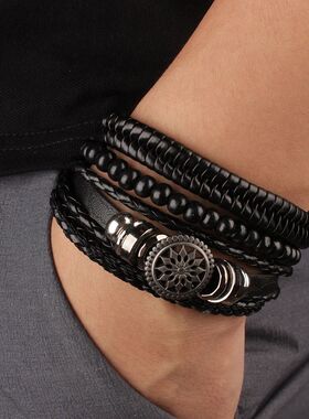 4Pcs/ Set Braided Wrap Leather Bracelets for Men Vintage Lif
