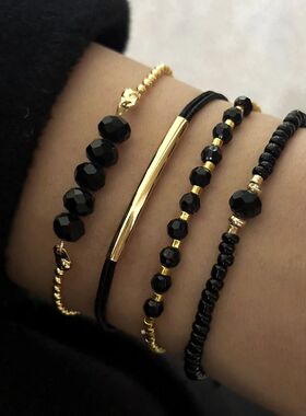 4Pcs/Set Fashion Black Glass Stone Bracelets For Women Boho