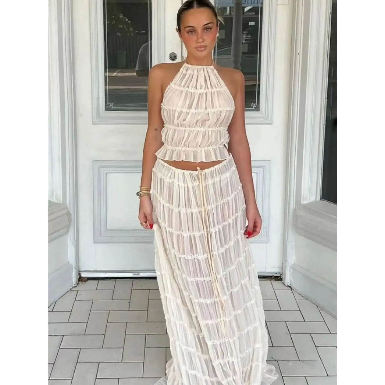 Fashion Halter Neck Long Skirt Suit Women Backless Sling Top