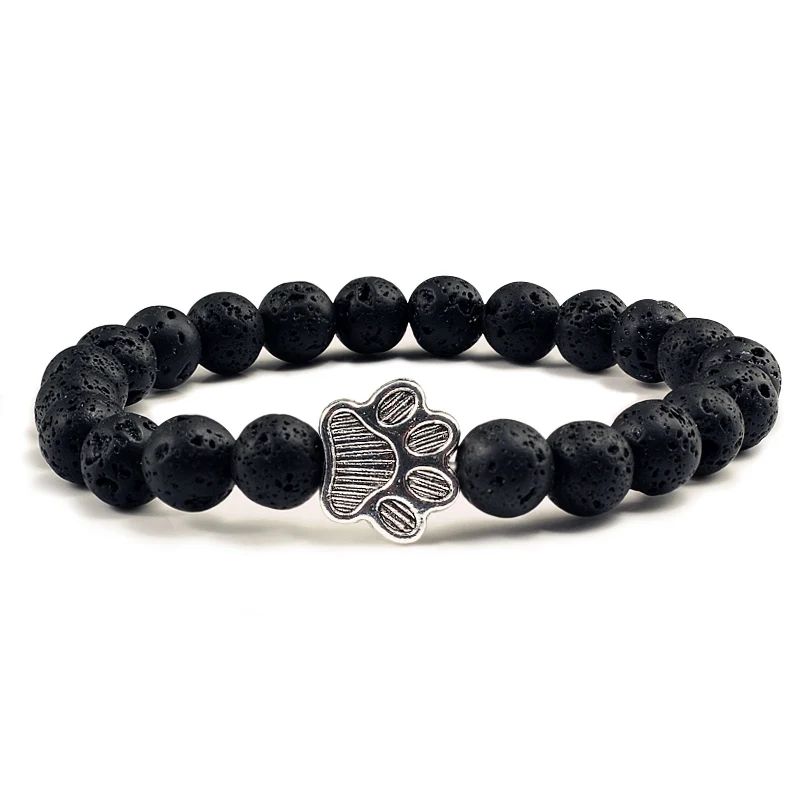 Natural Matte Black Lava Volcanic Stone Paw Print Charm Brac