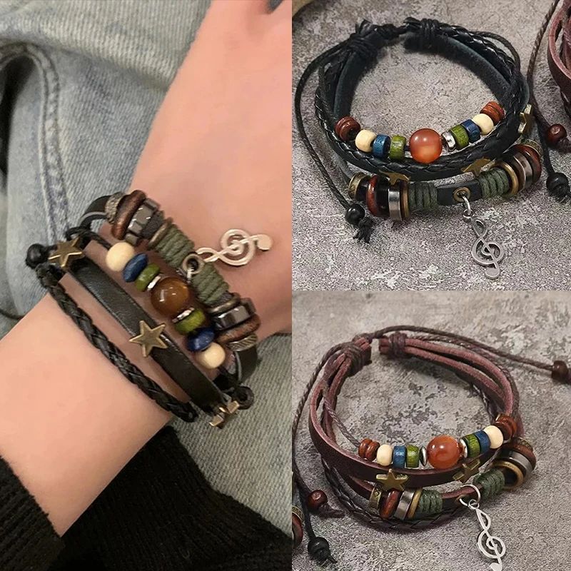 Handmade Hippie Design Brown Leather Bracelet Women Metal St