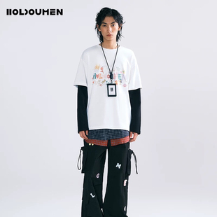 现货 Holdoumen25春夏日常系列贴纸图案宽松圆领T恤男女同款