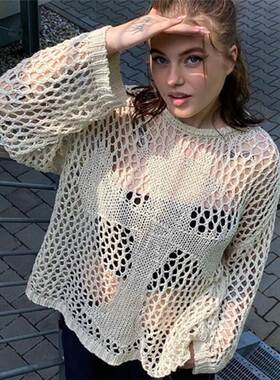 欧美性感镂空针织衫上衣罩衫女 sexy knitted smock top sweater