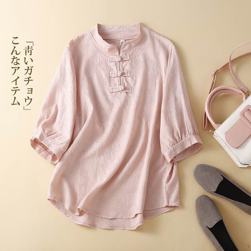 盘扣棉麻中袖衬衫T恤女夏季新款中式禅意茶服大码亚麻T恤上衣文艺