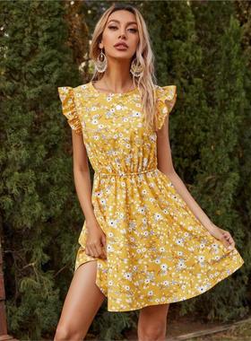 亚马逊热卖欧美风夏季时尚褶皱黄色印花飞飞袖法式浪漫碎花连衣裙