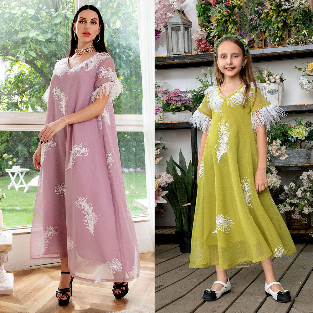 春秋公主风母女亲子装羽毛拼接印尼中东连衣裙Indonesian dress