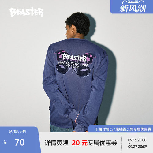 BEASTER做旧蝴蝶长袖T恤男生23新品无性别美式户外潮牌重磅体恤女
