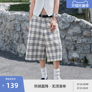 BEASTER复古格子短裤女25夏百搭薄款扶桑花刺绣阔腿休闲七分裤子
