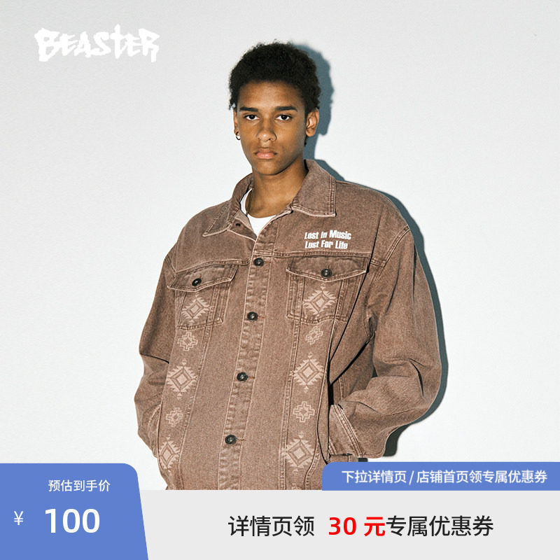 BEASTER民族纹样牛仔外套男新品户外美式高街复古工装女潮流夹克图片